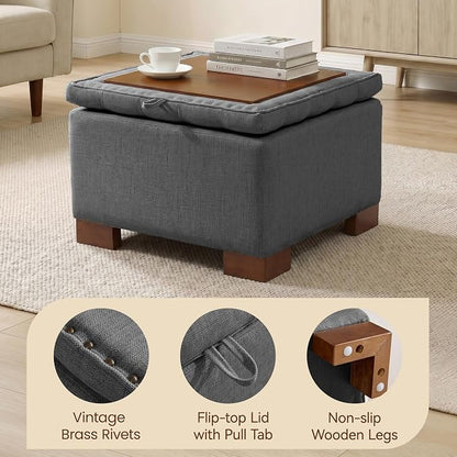 24 Inch Square Storage Ottoman Coffee Table, Modern Tufted Upholstered Ottoman with Flip Tray and Solid Wood Legs, Suitable for Living Rooms, Linen Grey