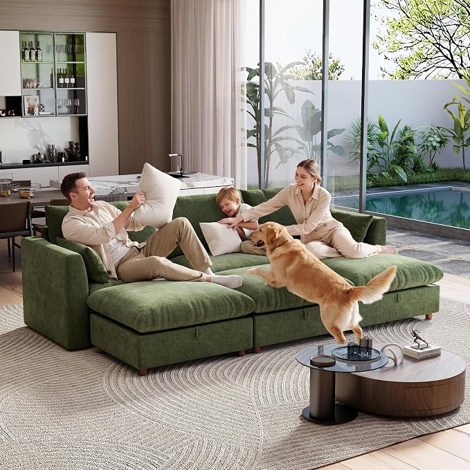 Ihanherry 117" Oversized Modular Sectional Sofa, Modern Cloud Couch with 3 Storage Ottoman, 6-Seat Comfy Chenille Deep Seat Sofa with 2 Pillows for Living Room, Green