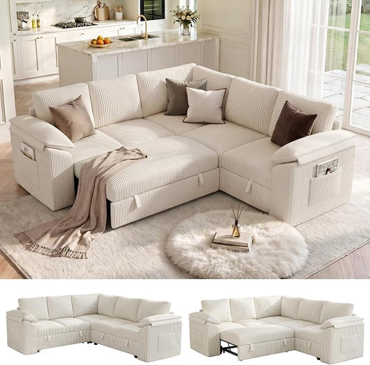 85 Inch Modular Sectional Sofa with Pull Out Couch Bed, L Shaped 5 Seat Sectional Couch with Storage, Corduroy Sectional Couches for Living Room, Cloud Modular Couch, Removable Sofa Cover, Beige