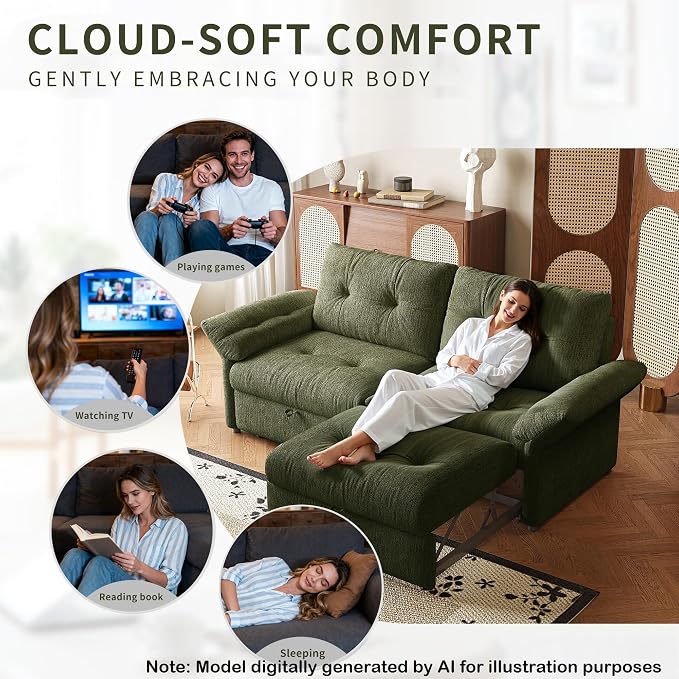 81.5'' Full Sleeper Sofa, Pre-Assembled, Chenille Pull Out Couches Bed, 3-in-1 Convertible Sofa, Adjustable Backrest, Small Loveseat for Small Space, Living Room, Apartment, Chenille Green