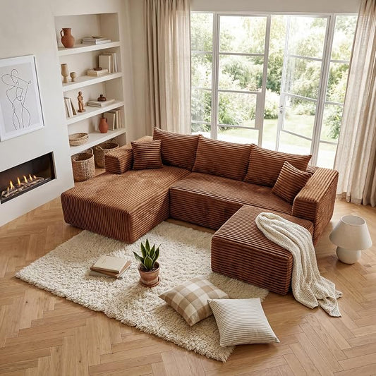 BSHOMGI 92.5'' U-Shaped Boneless Couches, Comfy Corduroy 3 Seaters Sofas with Ottoman, Modern High Back Sectional Sofa for Living Room with Oversized Chaise Deep Seat Sofa, No Assembly Needed