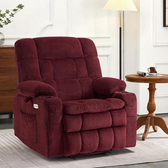MCombo Small Dual Motor Power Lift Recliner Chair for Elderly, Zero Gravity Lift Chair with Heat and Massage, Lay Flat Recliner for Petite, USB Ports, Fabric R7894 (Small-Wide, Burgundy)