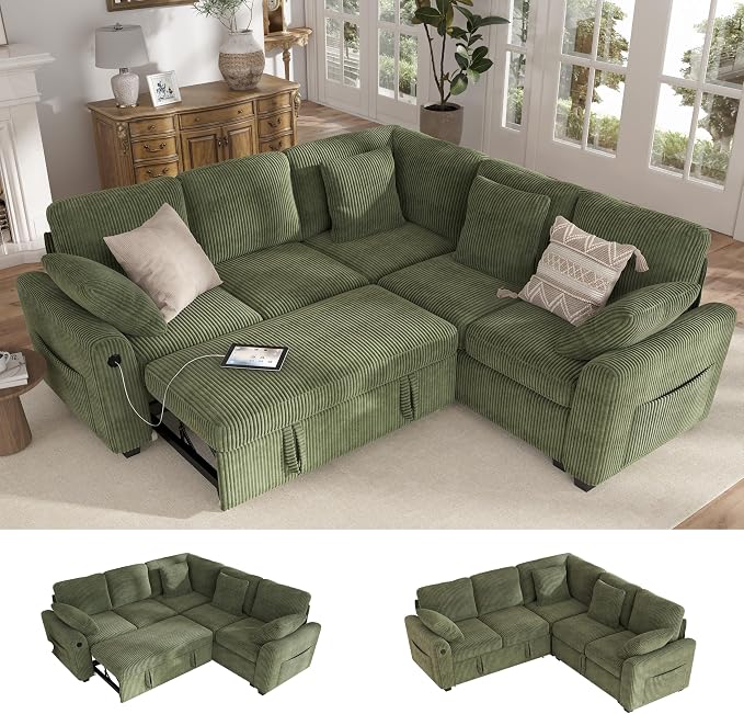 Hanherry Sectional Couch with Pull Out Sofa Bed,Corduroy Sleeper Sofa with 2 Seat Storage & USB Charging,Comfy L Shaped Modular Couches for Living Room,Apartment