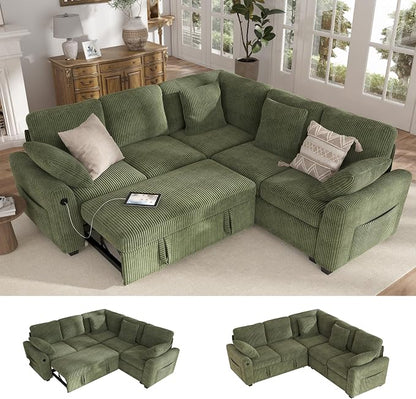 Hanherry Sectional Couch with Pull Out Sofa Bed,Corduroy Sleeper Sofa with 2 Seat Storage & USB Charging,Comfy L Shaped Modular Couches for Living Room,Apartment