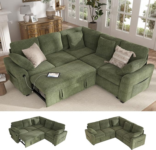 Hanherry Sectional Couch with Pull Out Sofa Bed,Corduroy Sleeper Sofa with 2 Seat Storage & USB Charging,Comfy L Shaped Modular Couches for Living Room,Apartment