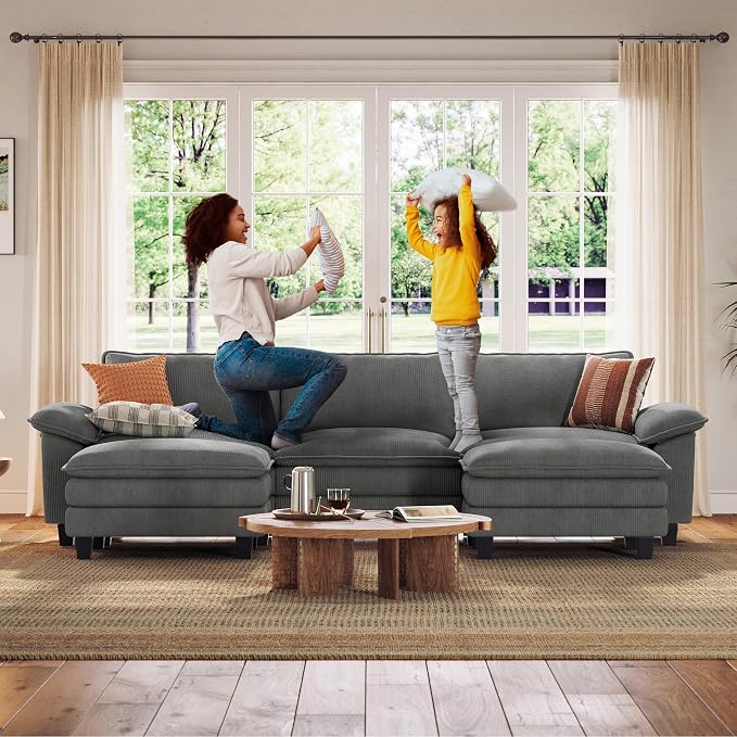 LINSY HOME 123'' Modular Sectional Sofa 3 Seat Couch Corduroy Cloud Couch with Deep Seat, Modern Cloud Couch with 2 Movable Ottoman for Living Room, Office, Bedroom, Grey