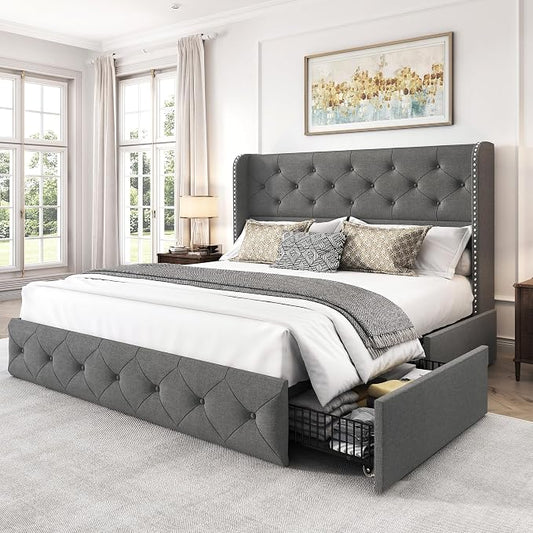 LARMACE Full Size Bed Frame with 4 Storage Drawers and 47.2" Tall Wingback Headboard Linen Upholstered Platform Bed Frame Tufted Beds with Wooden Slats Support, Easy Assembly, Light Grey