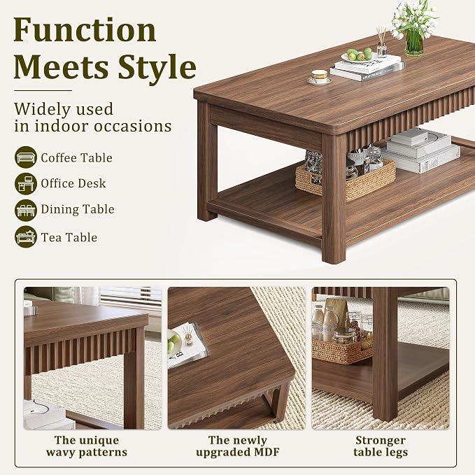 Homkdom Modern Coffee Table, 2-Tier Storage Shelf, Walnut | Wave-Edge, Kids Friendly Rounded Corners