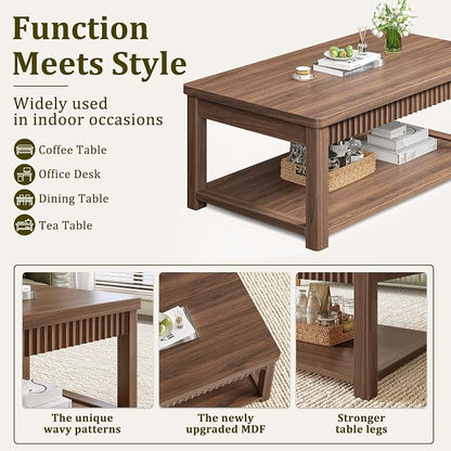 Homkdom Modern Coffee Table, 2-Tier Storage Shelf, Walnut | Wave-Edge, Kids Friendly Rounded Corners