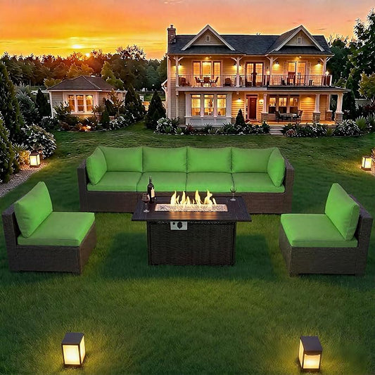 LAFWELL 8-Piece Wicker Patio Conversation Set with 44" Propane Fire Pit Table, Cozy Outdoor Sectional Sofa for Backyard Gatherings, Poolside Lounging & Garden Parties