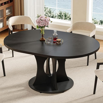 iPormis 43.3-59 Inch Extendable Round Dining Table for 6-8 People, Oval Dinner Table with Adjustable Top and A Stable Round Pedestal Base, Space Saving Wooden Kitchen and Dining Table, Black
