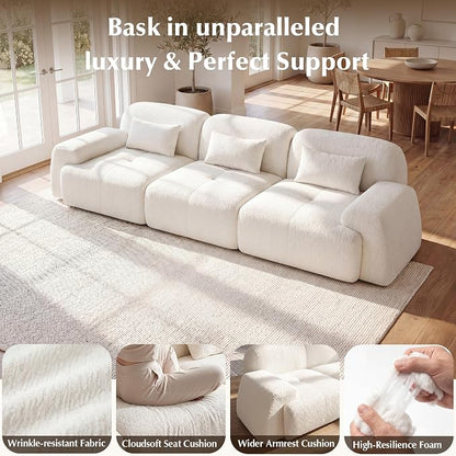118'' Modular Sectional Cloud Couch Boneless Couches, Oversize Curved Sectional Couches for Living Room, Deep Seat Couch Lambswool Sofa with Ottoman & Throw Pillows, No Assembly, HR Foam