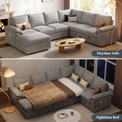 108 Inch Modular Sectional Sofa with Pull Out Bed,U Shaped 7 Seat Sectional Sleeper Sofa with Storage,Sectional Couches for Living Room,Cloud Modular Couch,Removable Sofa Cover,Light Gray