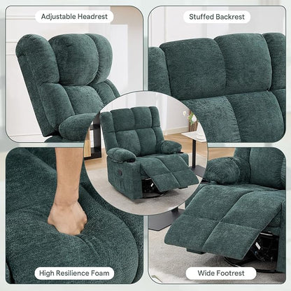 Swivel Rocker Recliner,Rocking Reclining Chair with Adjustable Headrest for Adults,Upholstered Fabric Swivel Recliner Chair for Bedroom,Living Room,Green