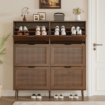 BORNOON Shoe Cabinet for Entryway with 6 Flip Drawers, Slim Wooden Shoe Storage Organizer with Modern Fluted Pannel，Freestanding Narrow Hidden Shoe Rack for Hallway, Foyer, Living Room