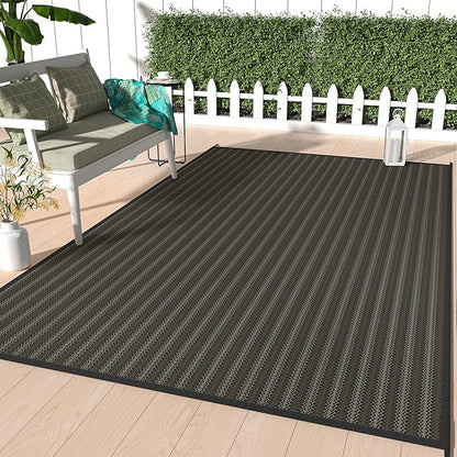 GENIMO Outdoor Rug for Patio Clearance, 9'x12' Reversible Plastic Straw Rugs, Lightweight Waterproof RV Camping Mat for Camper, Balcony, Deck, Backyard, Picnic, Black & Brown