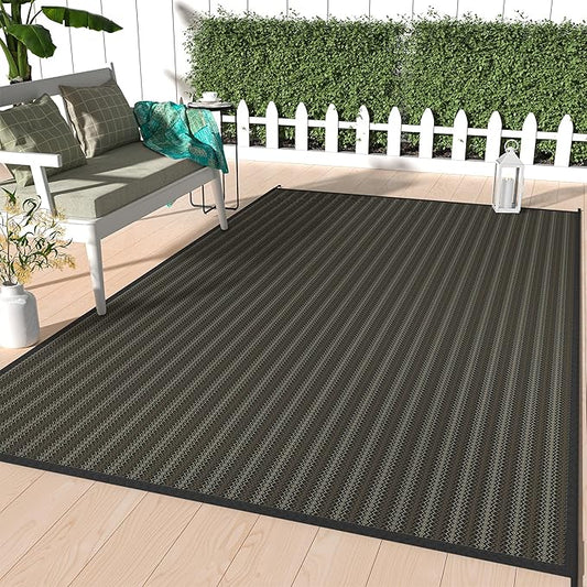 GENIMO Outdoor Rug for Patio Clearance, 8'x10' Reversible Plastic Straw Rugs, Lightweight Waterproof RV Camping Mat for Camper, Balcony, Deck, Backyard, Picnic, Black & Brown
