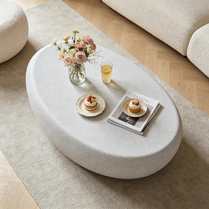 43.3" Faux Stone Oval Coffee Table, Modern Travertine Coffee Table, Small Accent Irregular Concrete Center Table, Contemporary End Side Table for Living Room Office Apartment, No Assembly