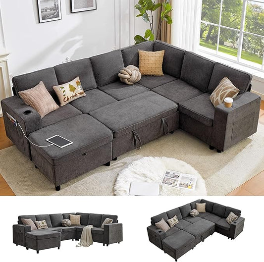 107 Inch Modular Sectional Sofa with Pull Out Bed, 7 Seat U Shaped Sectional Sleeper Sofa with Storage Ottoman, USB Port & 6 Pillows, Sectional Couches for Living Room & Apartment, Modular Couch, Grey