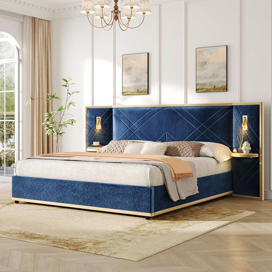 Merax Queen Bed Frame with Wingback Headboard, Luxury Velvet Upholstered Platform Bed Frame King Size with 2 Built-in Led Lights and 2 Floating Storage Shelves for Bedroom, No Box Spring Needed, Blue
