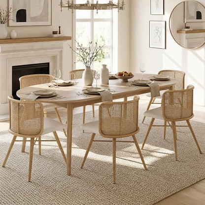 TYBOATLE Farmhouse Rattan Dining Chairs Set of 6 (Cream White) | Boho, Natural Cane Woven Back, Faux Leather Seat, Metal Legs, Upholstered, Kitchen, Dining Room