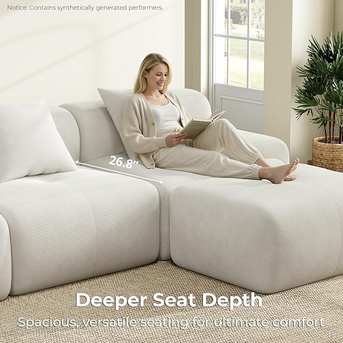 LIKIMIO LumiCord 153.5" Tufted Modular Sectional Sofa, Modern U-Shaped Boneless Couch for Living Room, 26.8" Deep Seat, 18.1" High Seating, 15" Wide Armrest, Corduroy, Oatmeal Beige