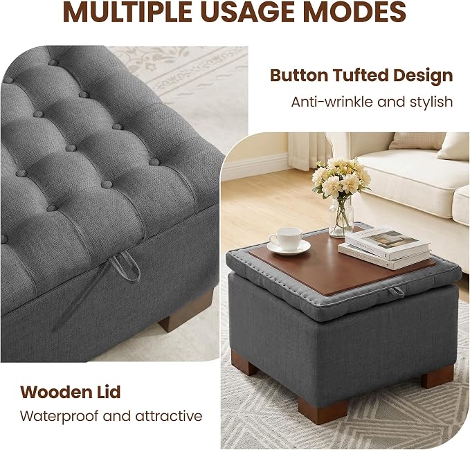 24 Inch Square Storage Ottoman Coffee Table, Modern Tufted Upholstered Ottoman with Flip Tray and Solid Wood Legs, Suitable for Living Rooms, Linen Grey