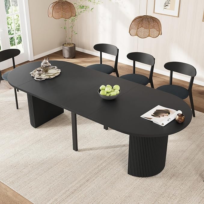 weselon 42"-105" Extendable Dining Table for 4-12, Expandable Oval Dining Room Table with Fluted Pedestal Base & Reinforced Metal Support Leg, Large Modern Kitchen Table for Dining Room (Black)