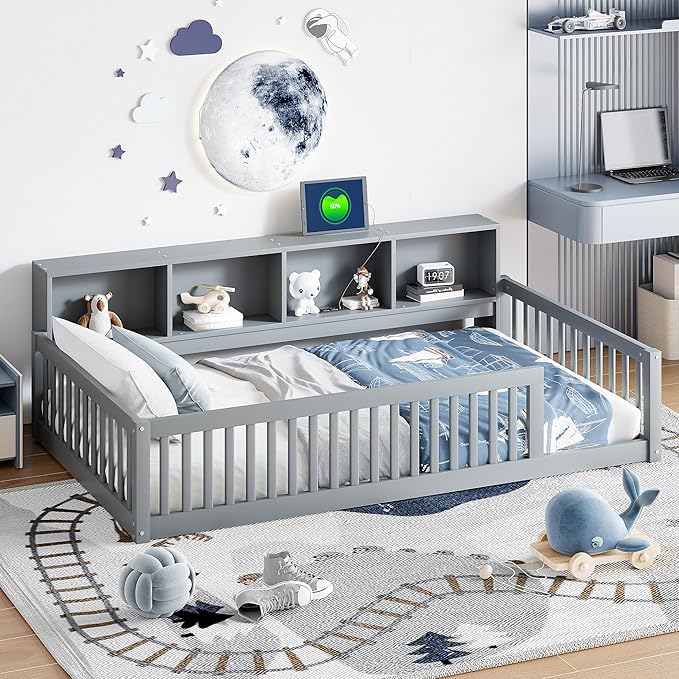 Bellemave Kids Montessori Floor Bed Twin XL Size,Floor Bed Frame with Bookcase and Charging Station for Kids Boys Girls,Gray