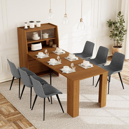 HIPIHOM 86.6" Extendable Kitchen Table Set for 6, Storage Cabinet | Space-saving Extendable MDF Dining Set with 6 Grey Chairs, Family Meal, Apartment, Small Room