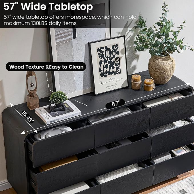 Standifurno Dresser for Bedroom, Modern Cuved Dresser with 9 Drawers,Black Dresser with Handleless Design, Closet Storage Dresser, 15.43" D x 57" W x 28.3" H (9 Drawers)