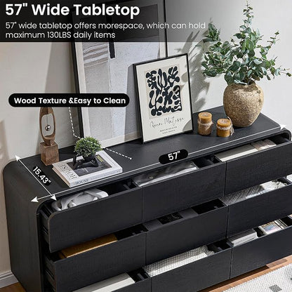 Standifurno Dresser for Bedroom, Modern Cuved Dresser with 9 Drawers,Black Dresser with Handleless Design, Closet Storage Dresser, 15.43" D x 57" W x 28.3" H (9 Drawers)