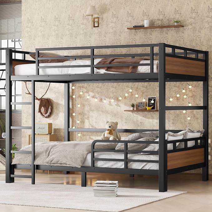 Full Over Full Metal Bunk Bed, Heavy Duty Convertible Bunk Bed Frame with Headboard & Full Guardrails, Can Be Split into Two Platform Beds or Loft Bed,Walnut