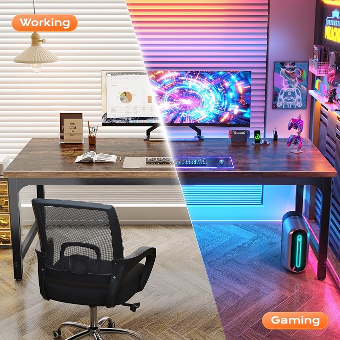 Huuger 71 x 31.5 Inch Desk with Power Outlets & USB-C, 0.95 Inch Thicker Desktop, Robust Metal Tubes, Deep Computer Desk, Heavy Duty Office Desk, Work Desk for Home Office, Rustic Brown