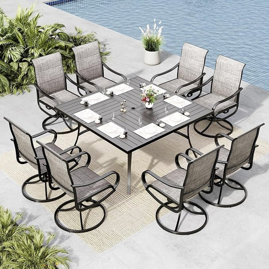 MFSTUDIO Patio Table and Chairs Set, Patio Dining Set for 8 with Umbrella Hole, 9 Piece Outdoor Patio Furniture Set for Deck Backyard Poolside Garden
