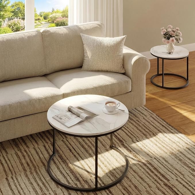 Living Room Side Table, Round Coffee Tables for Living Room, Modern Nesting Drink for Small Spaces, Set of 2 (Marble)