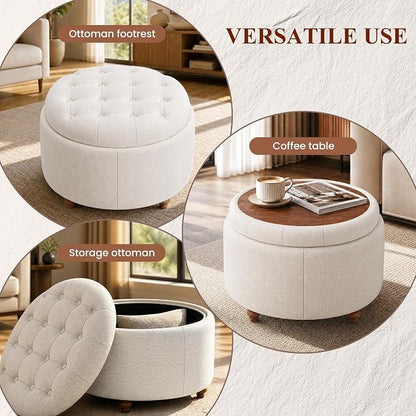 25Inch Round Ottoman with Storage, Tufted Fabric Modern Circle Ottoman with Reversible Tray Lid and Wood Legs, Multi-Functional Small Coffee Table for Living Room, Bedroom, Camel