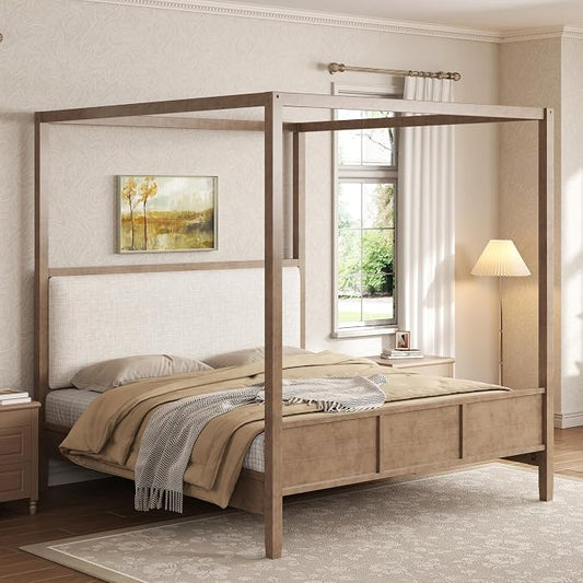 Merax King Size Canopy Bed with Upholstered Headboard, Wooden Platform Bed Frame with 4-Posters, Solid Wood Slat Support, No Box Spring Needed