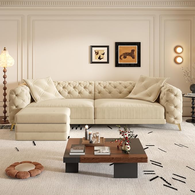97.7" Convertible Queen Sleeper Sofa with Ottoman - Button Tufted Pull Out Sofa Bed, Velvet King Size Couch Bed & Vintage Deep Seat 4-Seater Couch for Small Spaces, Apartment & Living Room, Apricot | Button Tufted