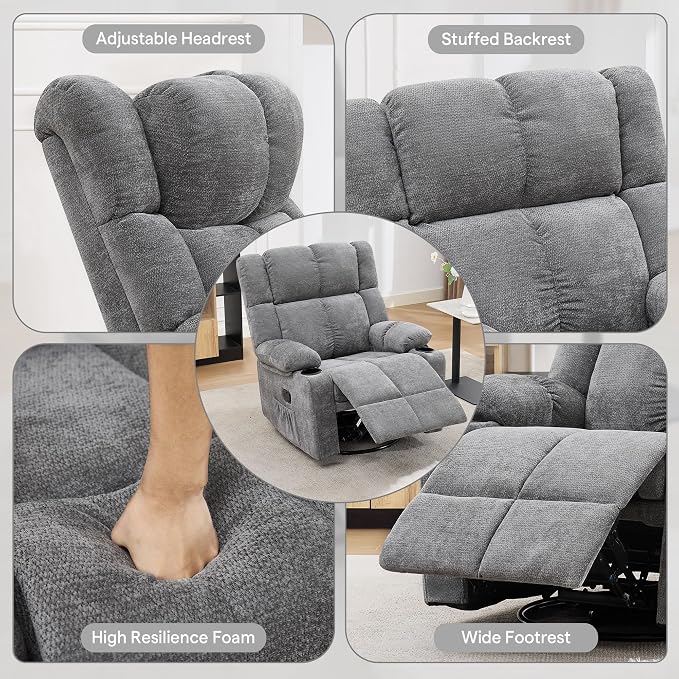 360°Swivel Rocker Recliner Chair Set of 2,Rocking Recliner Chair with Adjustable Headrest for Adults,Upholstered Fabric Rocking Chair Swivel for Bedroom,Living Room,Grey