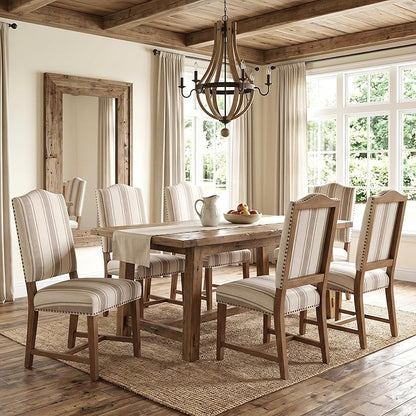 ROCITY Linen Dining Chairs Set of 6 Upholstered Farmhouse Dining Room Chairs Kitchen Side Chairs with Wooden Legs&Nailhead Trim, Beige with Brown Stripe