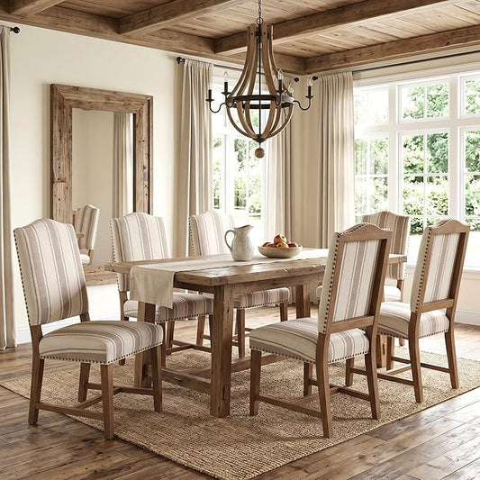 ROCITY Linen Dining Chairs Set of 6 Upholstered Farmhouse Dining Room Chairs Kitchen Side Chairs with Wooden Legs&Nailhead Trim, Beige with Brown Stripe
