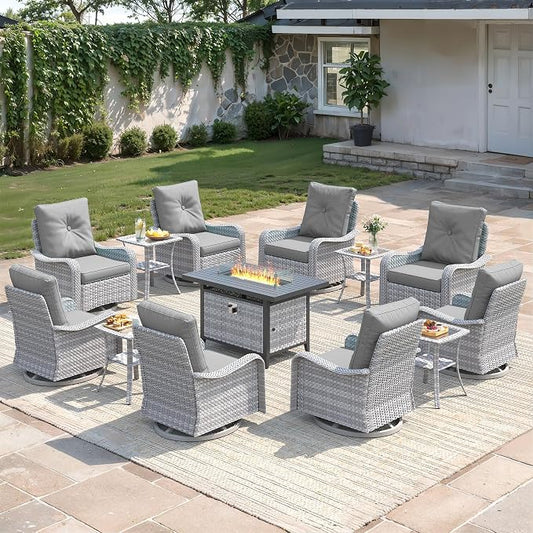 13-Piece Outdoor Conversation Set with 43" Fire Pit Table, 8 Swivel Rocking Chairs (4" Cushions) & 4 Side Tables, All-Weather PE Rattan & Steel Frame for Porch, Deck, Backyard, Grey