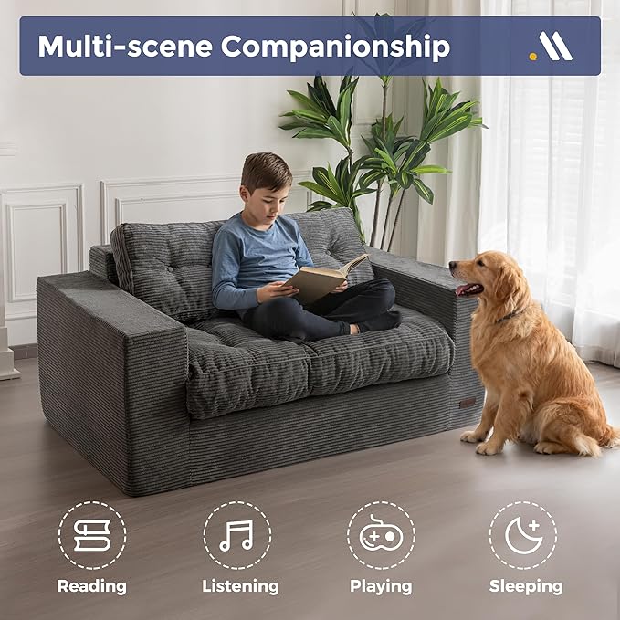 MAXYOYO Bean Bag Chair for Adults, Upholstered Floor Sofa with Armrests, Loveseat Boneless Couch with Tufted Cushion & Backrest, Sofa in A Box, Large Bean Bag Couch for Bedroom Living Room, Dark Grey