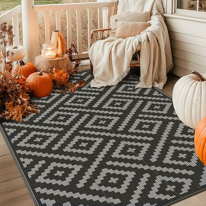 GENIMO Outdoor Rugs 8'x10' Waterproof, Reversible Mats, Area Plastic Straw Rug, Outside Carpet, Geometric Rv Mat for Patio Camping Rv Picnic Backyard Deck Balcony Porch Beach Trailer (Black & Grey)