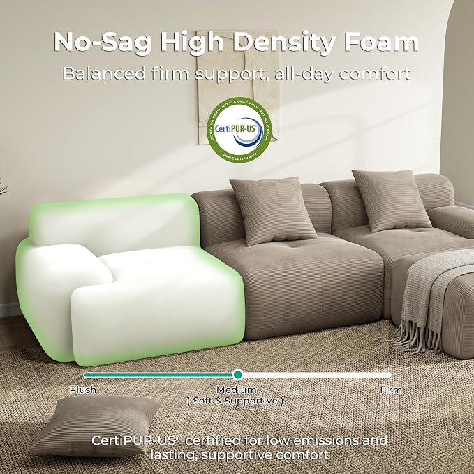LIKIMIO LumiCord 118" Tufted Modular Sectional Sofa, Modern U-Shaped Boneless Couch for Living Room, 26.8" Deep Seat, 18.1" High Seating, 15" Wide Armrest, Corduroy, Light Brown