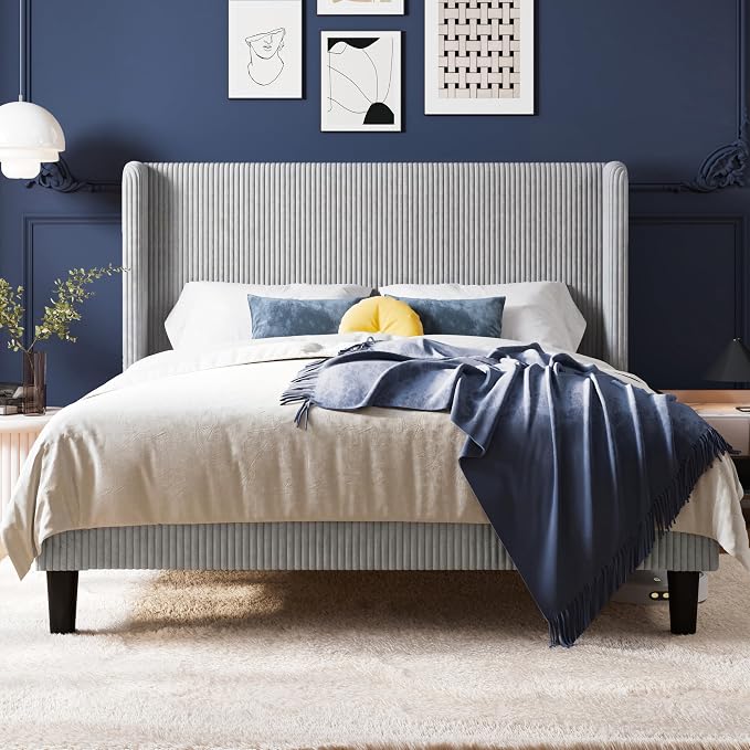 Allewie Full Size Bed Frame with Upholstered Wingback Headboard, Vertical Channel Tufted Corduroy Velvet Platform Bed, Strong Wooden Slats Support, No Box Spring Needed, Easy Assembly, Light Grey