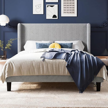 Allewie Full Size Bed Frame with Upholstered Wingback Headboard, Vertical Channel Tufted Corduroy Velvet Platform Bed, Strong Wooden Slats Support, No Box Spring Needed, Easy Assembly, Light Grey