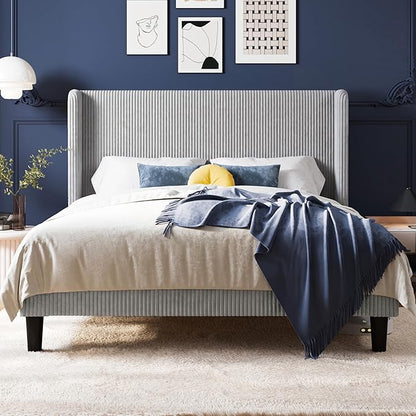 Allewie Queen Size Bed Frame with Upholstered Wingback Headboard, Vertical Channel Tufted Corduroy Velvet Platform Bed, Strong Wooden Slats Support, No Box Spring Needed, Easy Assembly, Light Grey