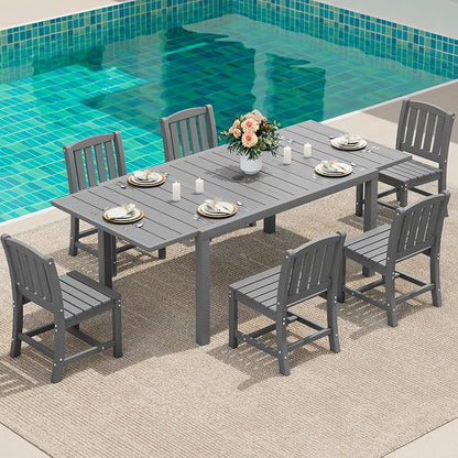 SERWALL Outdoor Patio Dining Set for 6, Grey | 60" - 83" Expandable Outdoor Dining Table and 6 HDPE Chairs, All Weather Material Outdoor Furniture Set Backyard, Garden